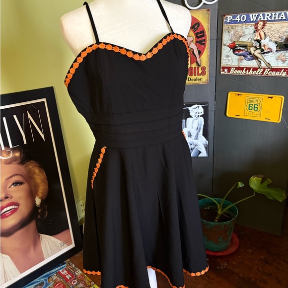 Unique Vintage Dresses & Skirts - Unique Vintage Black Dress with Orange Trim